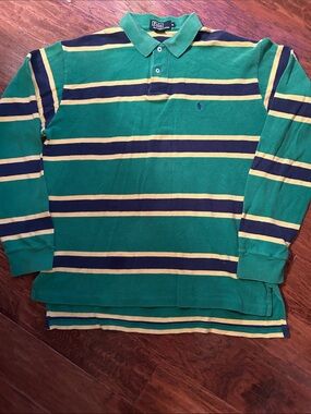 Polo by Ralph Lauren Green Striped Polo with Navy&Yellow Accents 100% cotton XL*